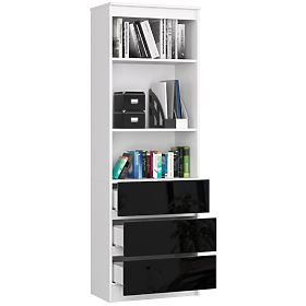 Büroregal R 60 cm CLP 3 Schubladen 2 Regale PK Weiß / Schwarz Hochglanz