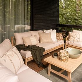 Garten-Ecksofa-Set mit Tisch Castello, Geflecht, Akazienholz FSC, Teakoptik, Beige