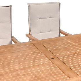 Garten-Set Familis Tisch 160 cm + 4 Stühle mit verstellbaren Rückenlehnen und hellgrauen Kissen
