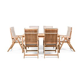Garten-Set Familis Tisch 160 cm + 6 Stühle mit verstellbaren Rückenlehnen und hellgrauen Kissen