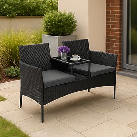 Gartenbank aus Technorattan Sofa CORDOBA schwarz mit grauen Kissen