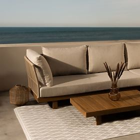 Gartenecksofa mit Tisch Borgetto, Geflecht, Akazienholz FSC, Teakoptik, hell