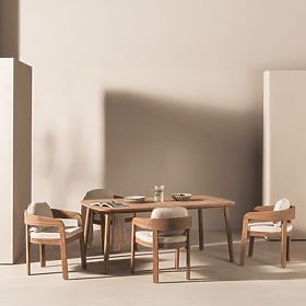 Gartenset Satori, Tisch 183 cm + 6 Stühle, Akazienholz FSC, Teakoptik, beige, abgerundet