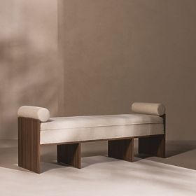 Gepolsterte Bank Loppo hellbeige, Bouclé, Nussbaum Wisconsin