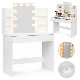 Großer Kosmetiktisch mit Spiegel und LED-Beleuchtung 3 Farben Regale Schubladen ModernHome