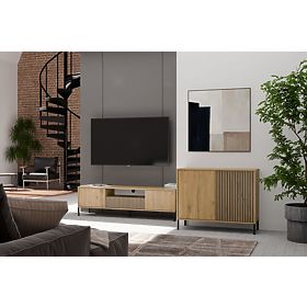 Kommode mit geriffelter Front Schrank KAMARO 2D Slim / Glatt EICHE ARTISAN Lamellen