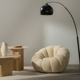 Relaxsessel Venezia beige mit drehbarem Sockel, Bouclé, runde Formen