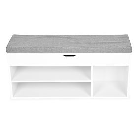 Schuhschrank mit grauem Kissen und aufklappbarem Sitz 3 Regale weiß